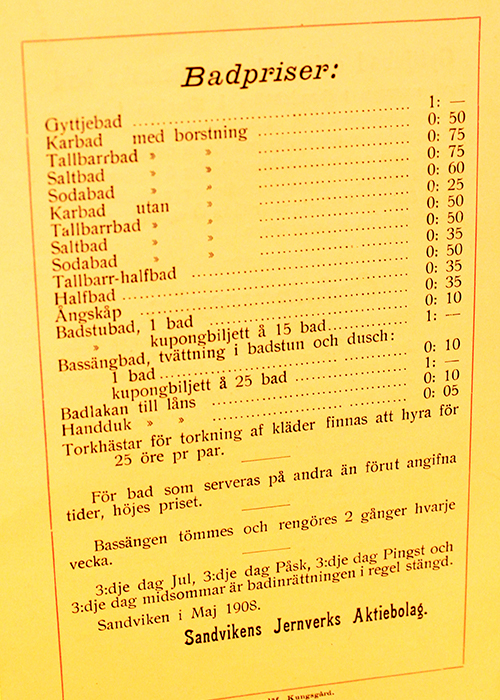 Parkbadet i Sandviken - gammal prislista
